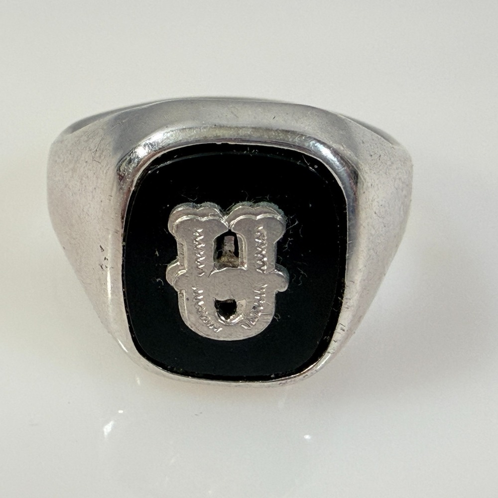 ESPO Signet Ring Initial U Sterling Silver Onyx  Size 11.25